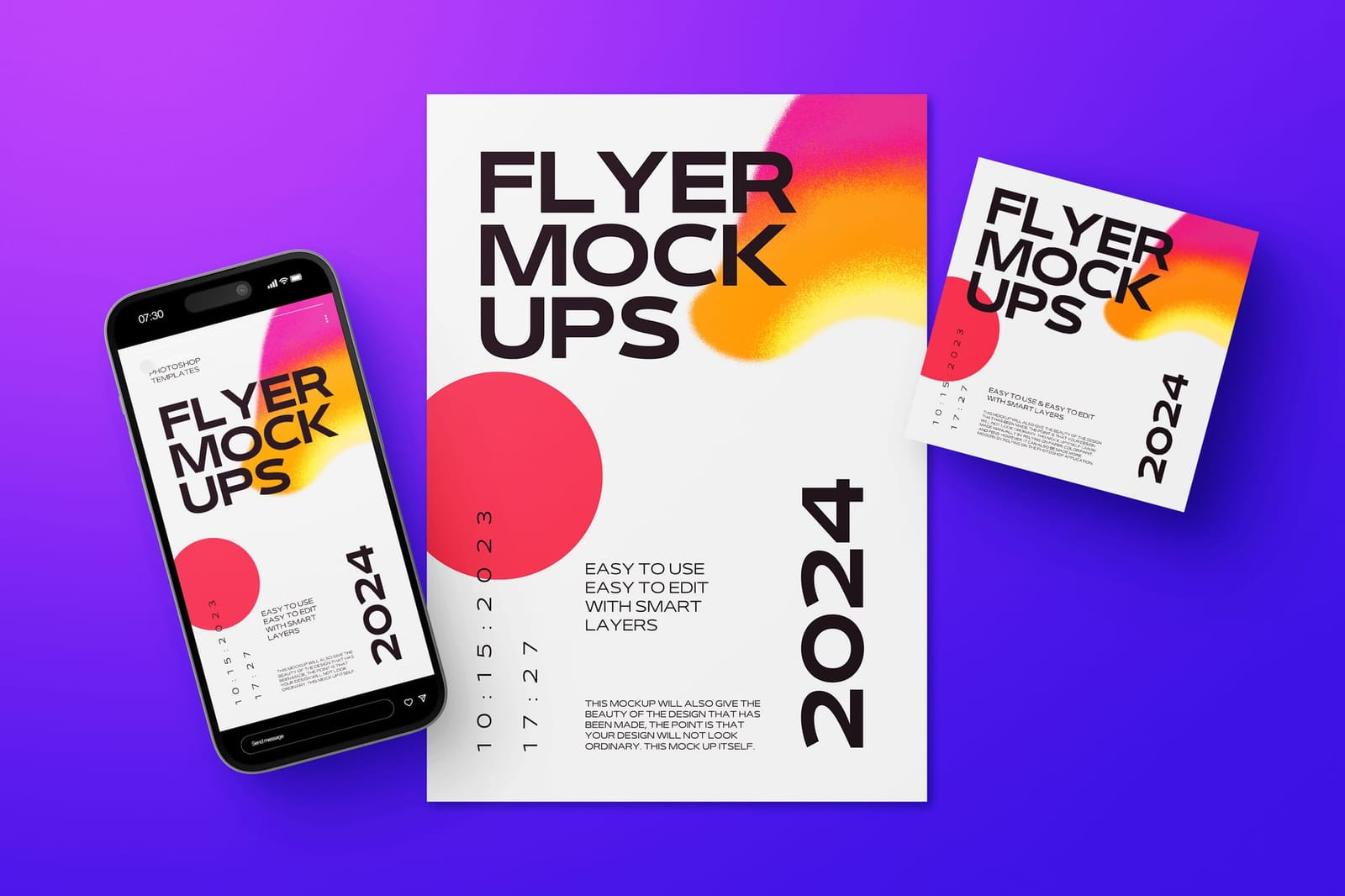 Floating Bold Purple Promo Flyer with iPhone Social Media Post Mockup