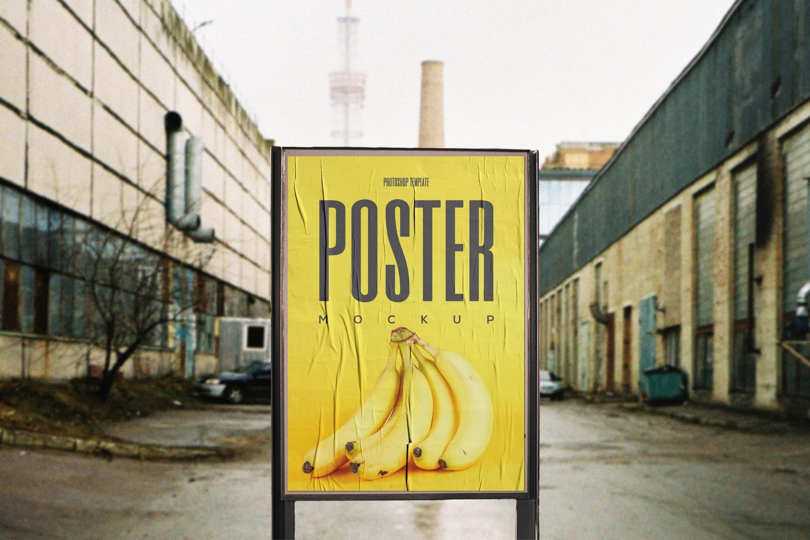 Urban Wrinkled Vertical Billboard Sign Mockup