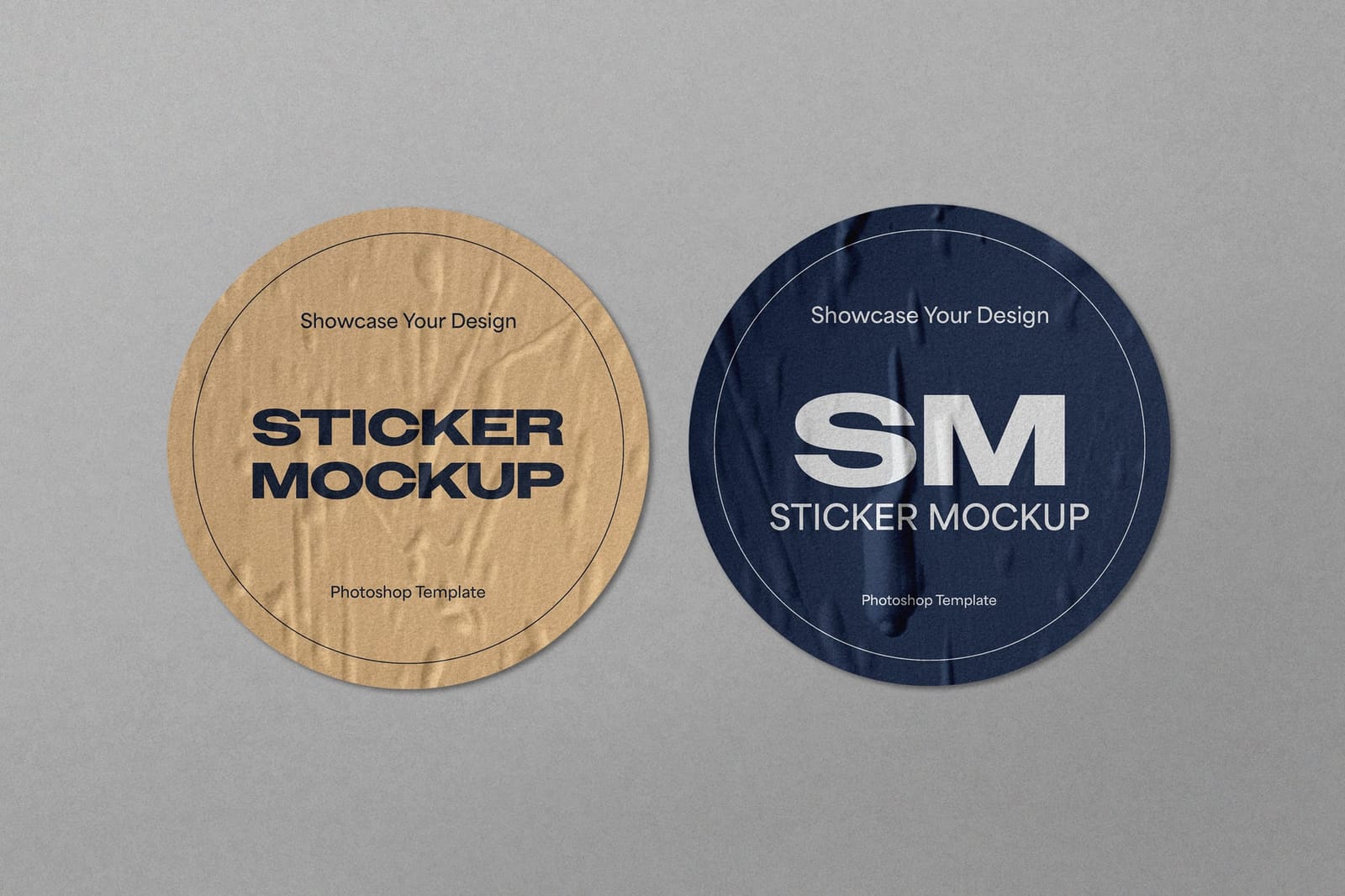 Wrinkled Circular with Kraft and Navy Duo Badges Sticker Mockup