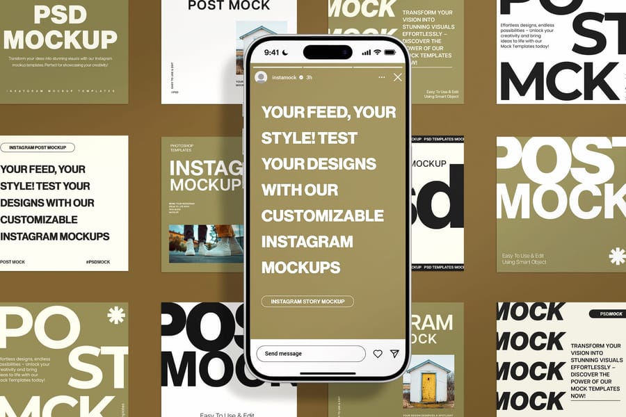 Insta Story Phone UI Over Full Instagram Post Grid Mockup