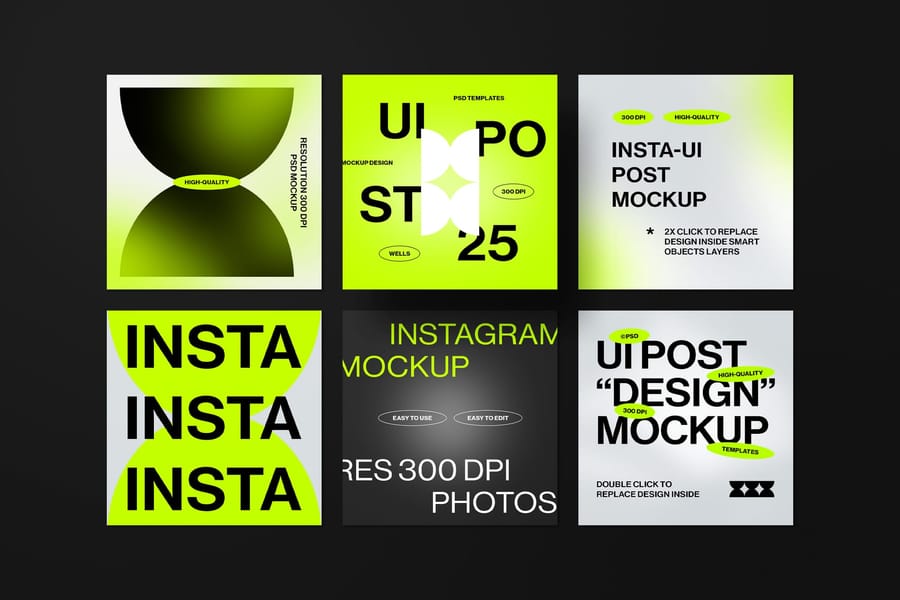 Six Neon Brutalist Grid UI Instagram Mockup