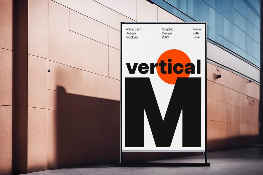 Standing Vertical Billboard Mockup with Building Street Background