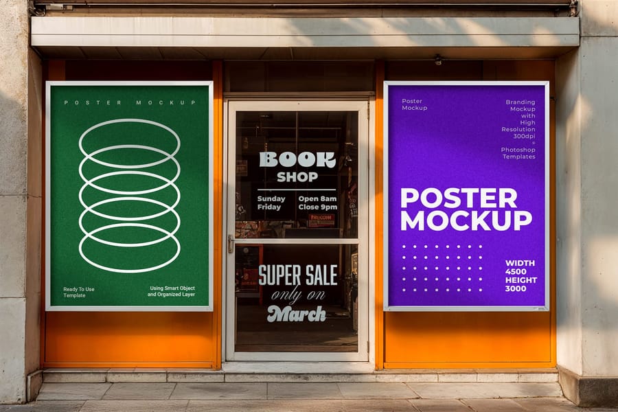 Two Outdoor Poster Mockups At A Book Shop Entrance