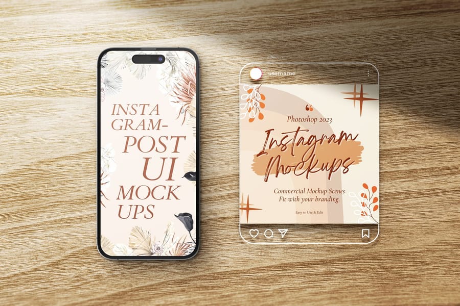 iPhone with Wood Acrylic Background for Instagram Post UI Mockup