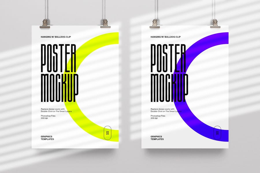Two Hanging Posters with Clips and Shadow Overlay